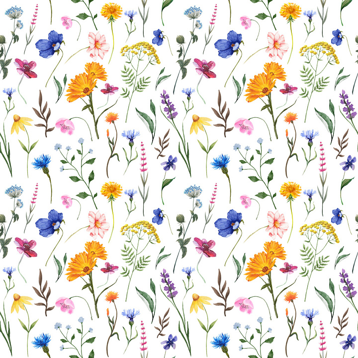 Pattern with Delicate Wildflower Motifs in Watercolor Style seamless PBR texture preview
