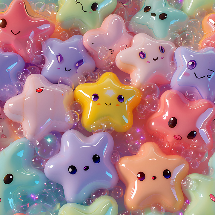 Inflated Puffy Vinyl Featuring Colorful Star Shapes with Cute Faces seamless PBR texture preview