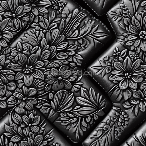 Seamless 3D PBR Black Leather Texture with Detailed Floral Embossing and Quilted Pattern