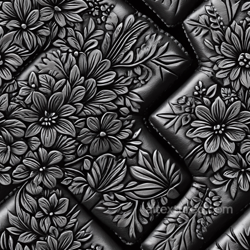 Black Leather Texture with Detailed Floral Embossing and Quilted Pattern seamless Leather PBR texture