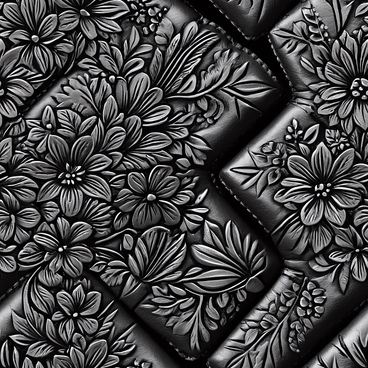 Black Leather with Detailed Floral Embossing and Quilted Pattern seamless PBR texture preview