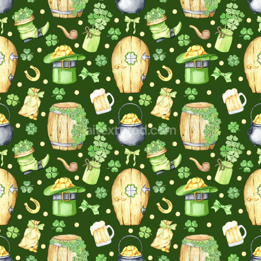 Seamless 3D PBR Texture with St Patrick Symbols in Watercolor Style