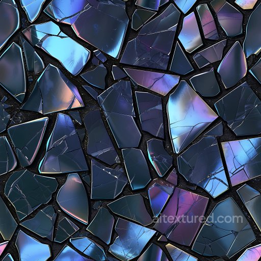 shattered glass PBR texture with vivid blue-purple reflections and intricate cracks seamless Cracked & Holes PBR texture