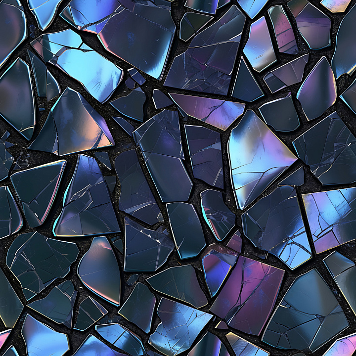 Shattered Glass With Vivid Blue-Purple Reflections And Intricate Cracks seamless PBR texture preview