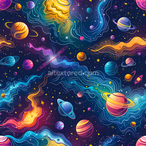 Seamless 3D Space PBR Texture with Colorful Planets and Stylized Cosmic Clouds