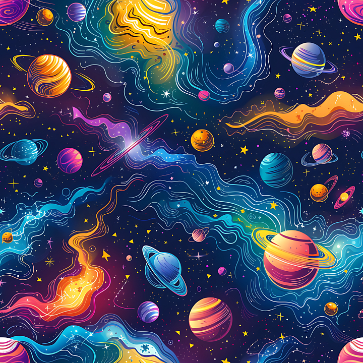 Space with Colorful Planets and Stylized Cosmic Clouds seamless PBR texture preview
