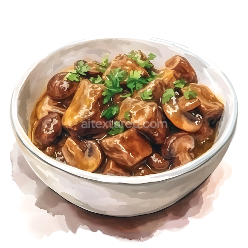 Breakfast Beef Stroganoff with Mushrooms in White Bowl Digital Illustration