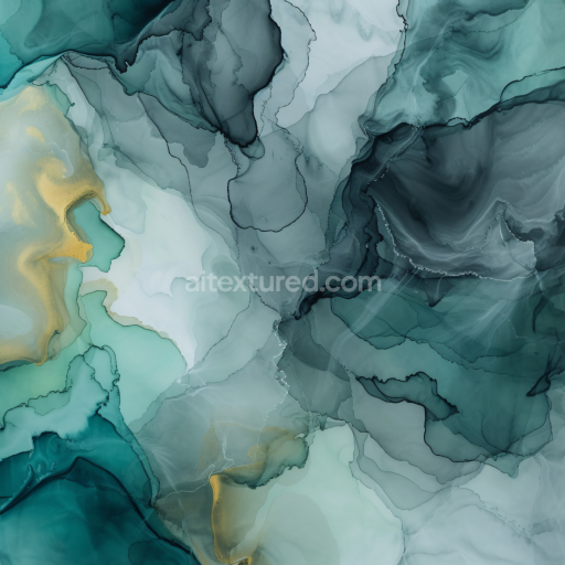 Seamless 3D Alcohol Ink PBR Texture Featuring Fluid Teal and Gold Waves with Organic Swirls
