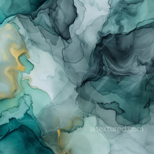 Alcohol Ink PBR Texture Featuring Fluid Teal and Gold Waves with Organic Swirls seamless Alcohol ink PBR texture