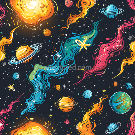 Seamless 3D Stylized Cosmic Space PBR Texture with Colorful Nebulae and Planets