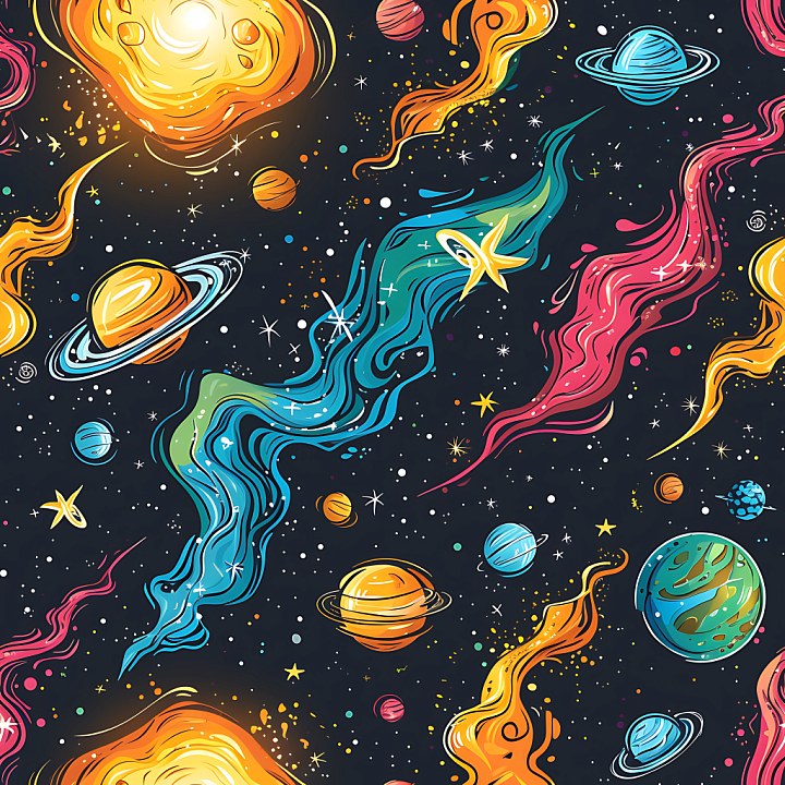 Stylized Cosmic Space with Colorful Nebulae and Planets seamless PBR texture preview