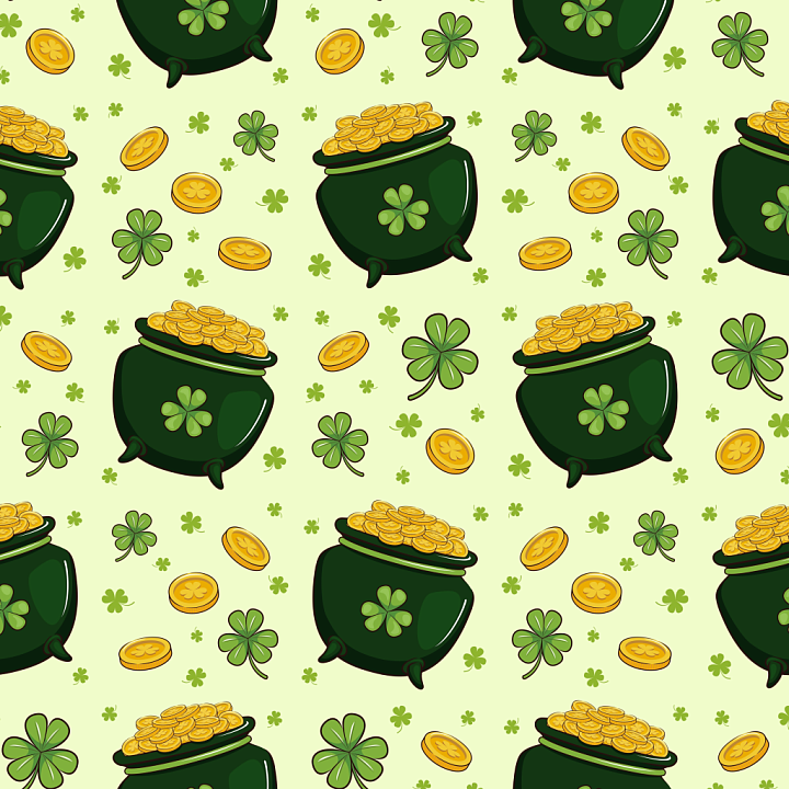 Of St Patrick Digital Paper With Pots Of Gold And Clovers seamless PBR texture preview