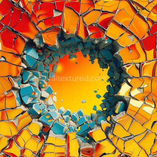 Seamless 3D Cracked Ceramic and Concrete Holes PBR Texture with Vibrant Orange and Blue Fractured Fragments