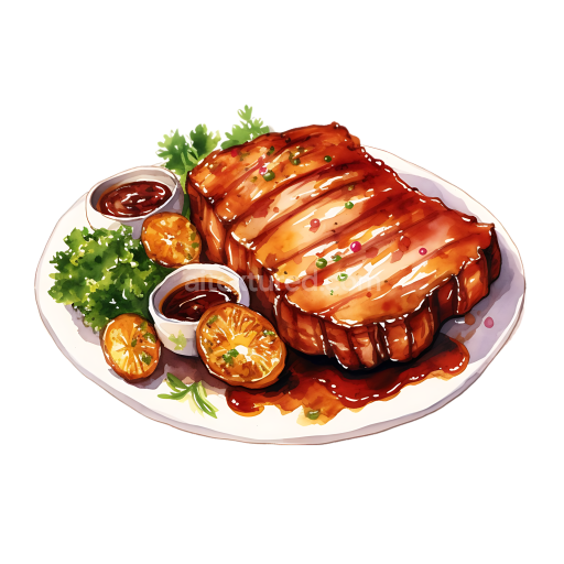 Breakfast Glazed Pork Loin Steak with Citrus and Greens Illustration