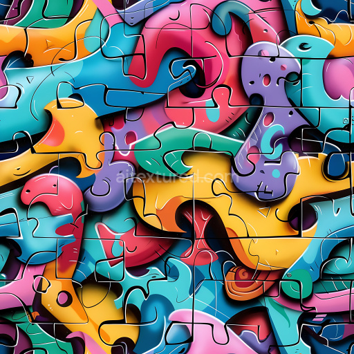 Seamless 3D PBR Graffiti Texture Featuring Vibrant Abstract Puzzle Pieces