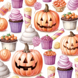 seamless Seamless 3D PBR Watercolor Halloween Texture Featuring Jack-o'-Lanterns and Festive Sweets texture 8k free download PBR