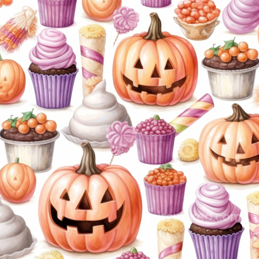 Watercolor Halloween Texture Featuring Jack-o'-Lanterns and Festive Sweets seamless Watercolor Halloween PBR texture