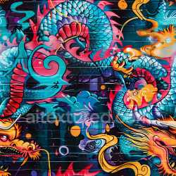 seamless Seamless 3D PBR Texture Featuring Vibrant Graffiti Dragon Mural on Brick Wall texture 8k free download PBR