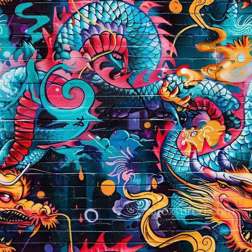 Seamless 3D PBR Texture Featuring Vibrant Graffiti Dragon Mural on Brick Wall texture preview