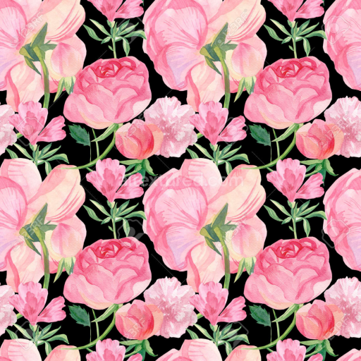 Seamless 3D PBR Pink Flower Watercolor Floral Texture with Soft Petals on Black