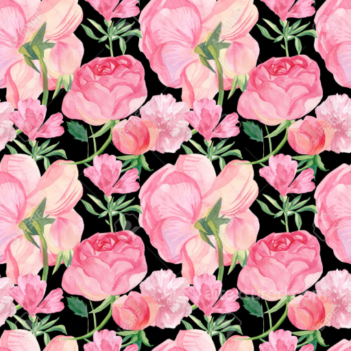 Pink Flower Watercolor Floral Texture with Soft Petals on Black seamless Pink Flower PBR texture