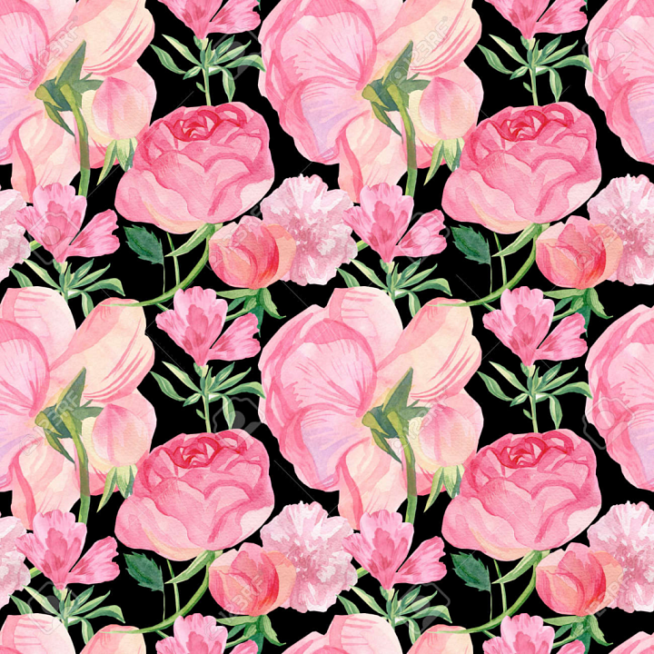 Pink Flower Watercolor Floral with Soft Petals on Black seamless PBR texture preview