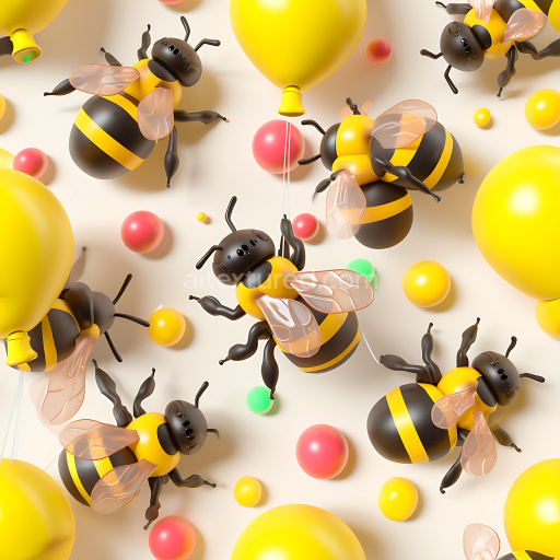 Seamless 3D Inflated Plastic Bumblebee PBR Texture with Yellow Balloons and Colorful Spheres