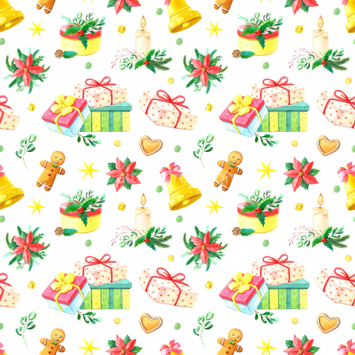 Seamless 3D PBR Christmas Digital Paper Texture Featuring Festive Gifts and Holiday Icons