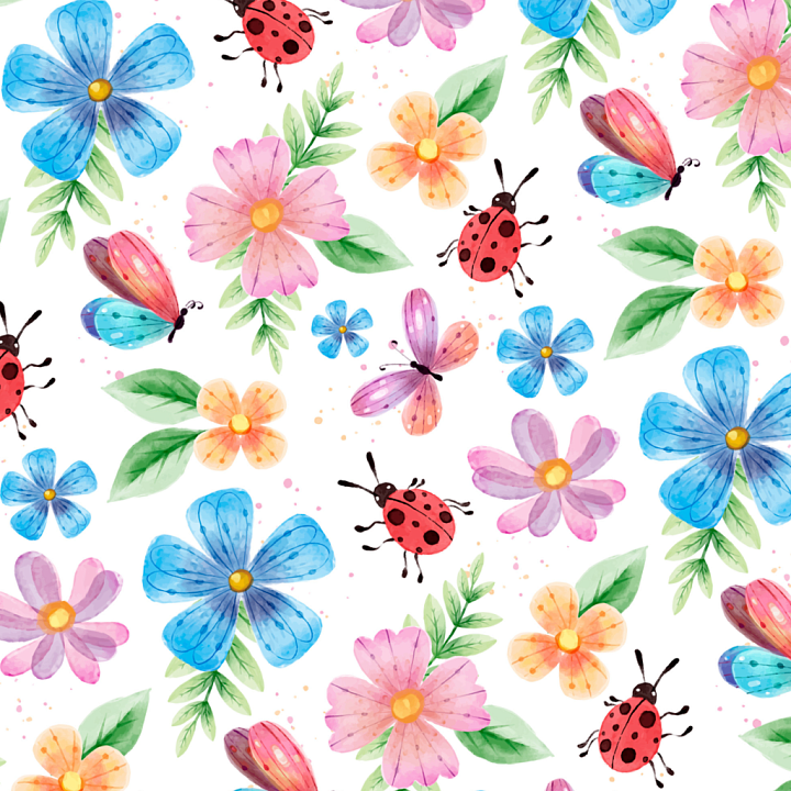 Watercolor Flowers and Butterfly Pattern seamless PBR texture preview