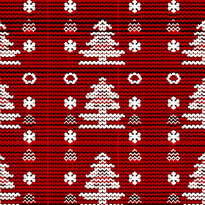 Of Red Knitted Pattern With White Christmas Trees And Snowflakes seamless PBR texture preview