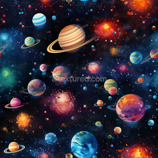 Seamless 3D Space PBR Texture Featuring Diverse Ringed Planets and Cosmic Clouds