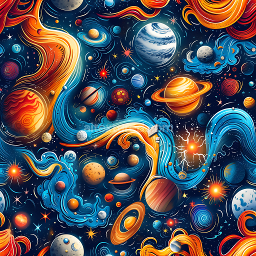 Seamless 3D Space PBR Texture Featuring Stylized Cosmic Clouds, Planets, and Energetic Flows