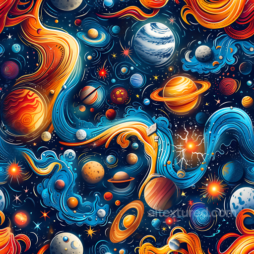 Space PBR Texture Featuring Stylized Cosmic Clouds, Planets, and Energetic Flows seamless Star, space, planets PBR texture