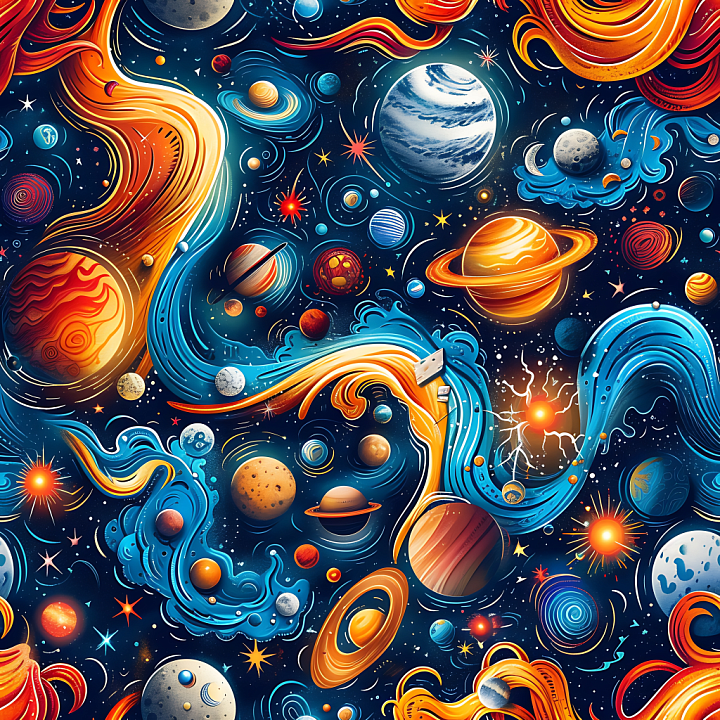 Space Featuring Stylized Cosmic Clouds, Planets, and Energetic Flows seamless PBR texture preview