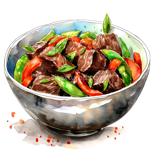 Breakfast Beef Stir-Fry Bowl with Veggies Watercolor Illustration