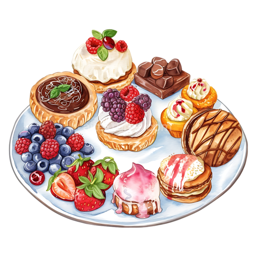 Breakfast Dessert Platter with Mixed Berries and Assorted Pastries Illustration