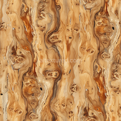 Seamless 3D PBR Burl Wood Texture Featuring Knotted and Marbled Planks
