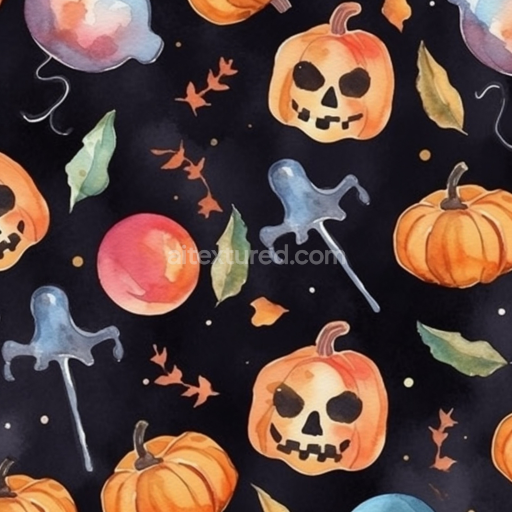 Seamless 3D PBR Watercolor Halloween Pumpkin & Leaves Fabric Texture