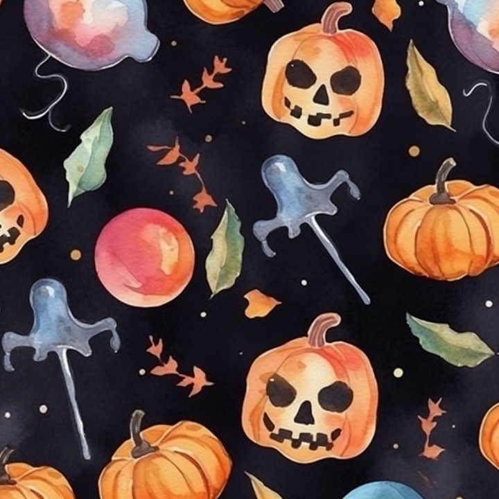 Watercolor Halloween Pumpkin & Leaves Fabric seamless PBR texture preview