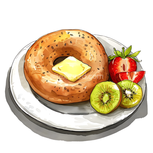 Breakfast Bagel with Butter, Kiwi, and Strawberries Illustration