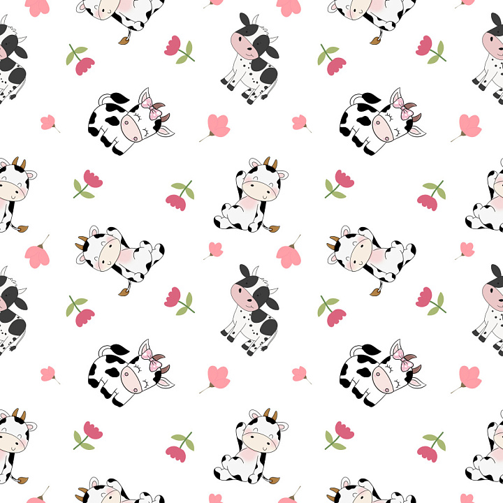 Pattern Featuring Adorable Cow Motifs and Soft Pink Floral Elements seamless PBR texture preview