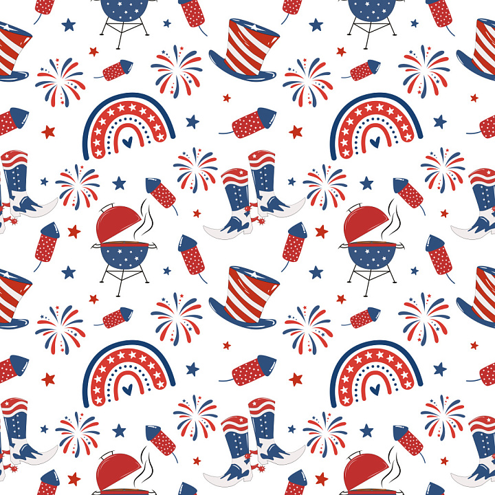 Pattern with 4th of July Americana Motifs in Red, White, and Blue seamless PBR texture preview