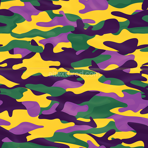 Seamless 3D bright jungle camouflage PBR texture with yellow, purple, and green organic pattern