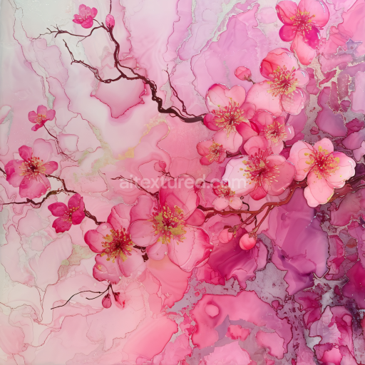 Seamless 3D Alcohol Ink PBR Texture with Cherry Blossom Pink Swirls and Delicate Floral Veins