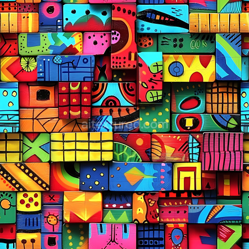 Preview — Seamless 3D PBR Texture of Vibrant Abstract Graffiti Blocks with Painted Wood Finish