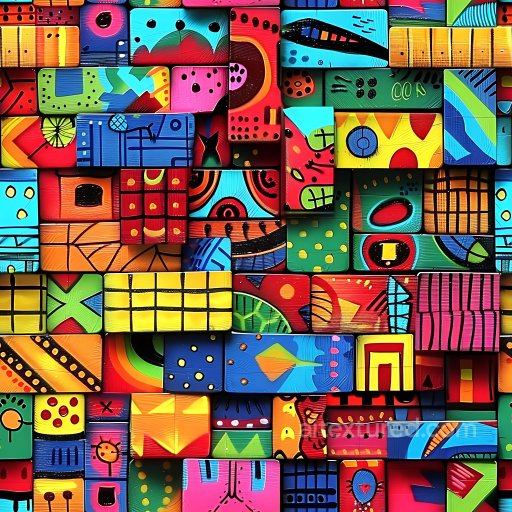 Seamless 3D PBR Texture of Vibrant Abstract Graffiti Blocks with Painted Wood Finish texture preview
