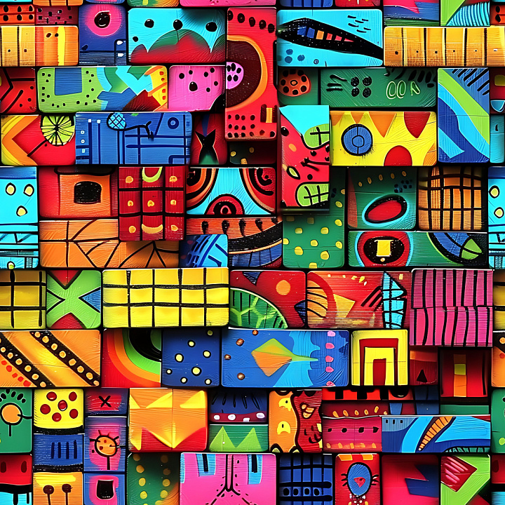 Vibrant Abstract Graffiti Blocks with Painted Wood Finish seamless PBR texture preview