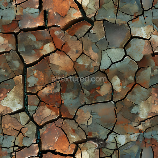 Seamless 3D cracked and chipped rusty metal paint PBR texture with multicolor peeling surface