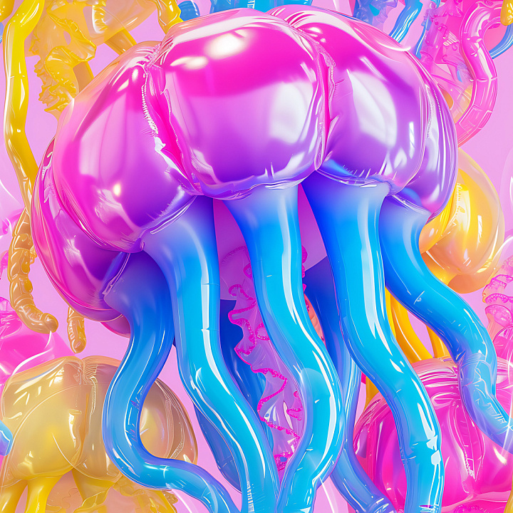 Inflated Featuring Glossy Jellyfish Tentacle Pattern in Vibrant Colors seamless PBR texture preview