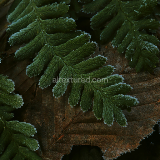 High-Resolution Frosted Ground Texture with Green Fern and Brown Leaves